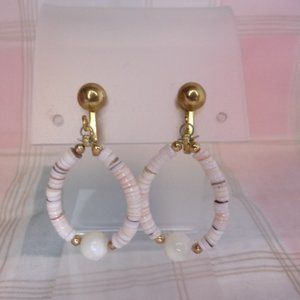 Heishi Bead MOP Shell Hoop Dangle Clip Earrings